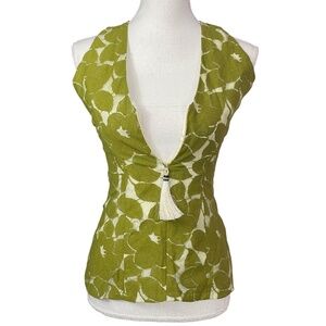 Leaves Lace Zip Tassel Top XS Silk lined Green Sleeveless V-neck botanical